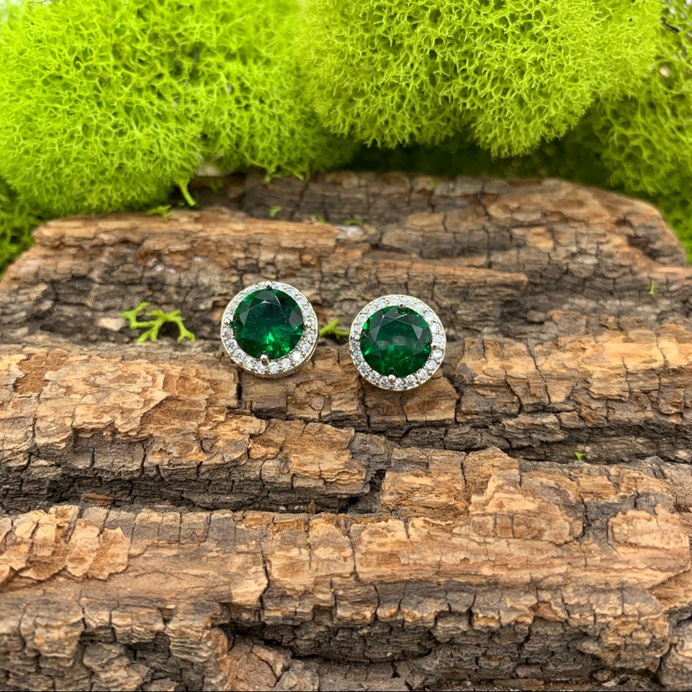 Emerald CZ Solitaire Stud Earrings, May Birthstone